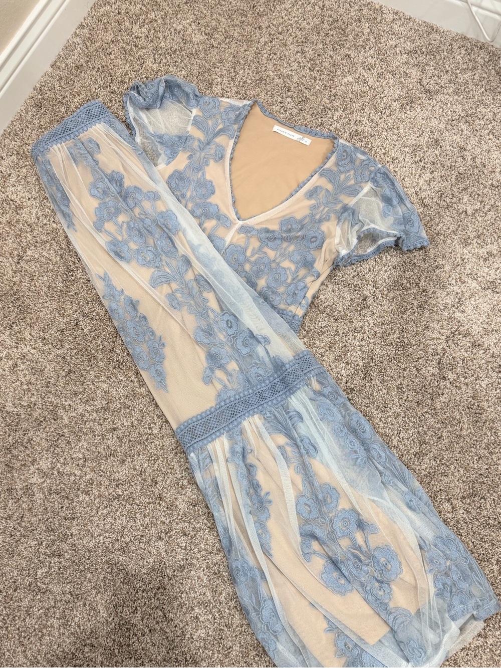 Altar'd State Blue Lace Overlay Midi Dress with Nude Lining